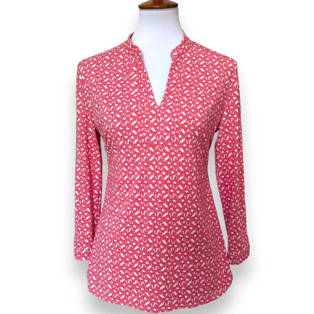Ellie Kai Womens Blouse Coral Abstract 3/4 Sleeve Pullover V Neck Lightweight 4